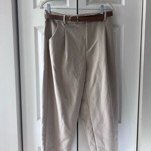 Zara Beige Pleated Trousers with Brown Belt